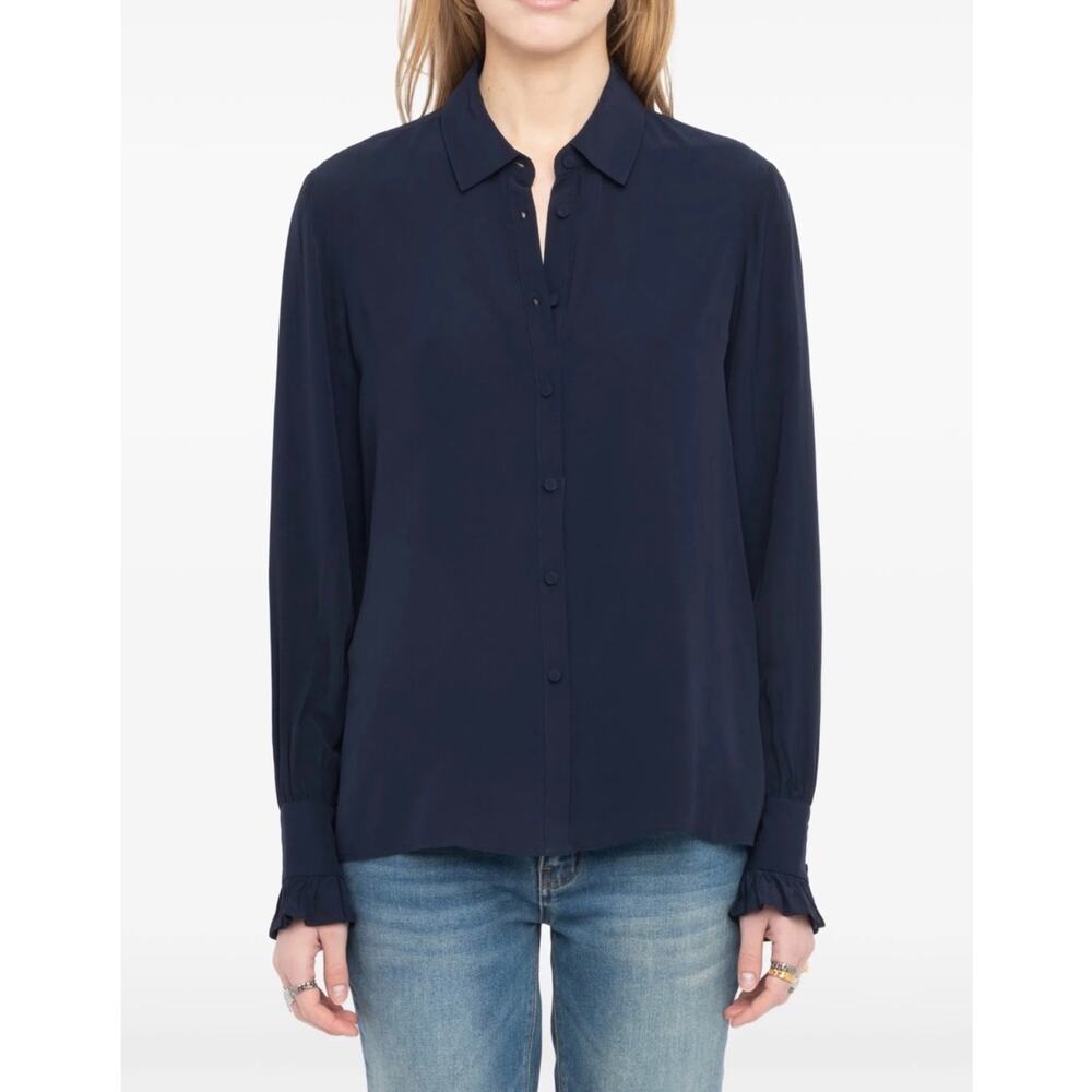 Zadig & Voltaire Thelly Soft Encre Navy Solid Collared Button-Up Ruffle Cuff M